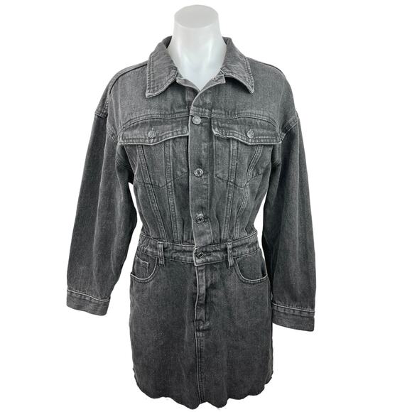 FORE Black Denim Button Up Collared Long Sleeve Jean Chambray Mini Dress Sz M - Picture 1 of 5